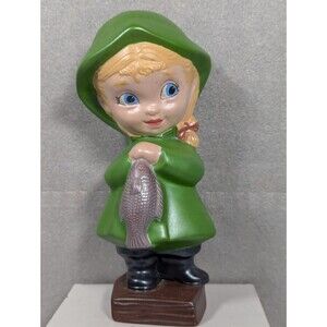 Vintage Ceramic 1971 Barbara Baldwin Art Figurine Girl In Raincoat With Fish